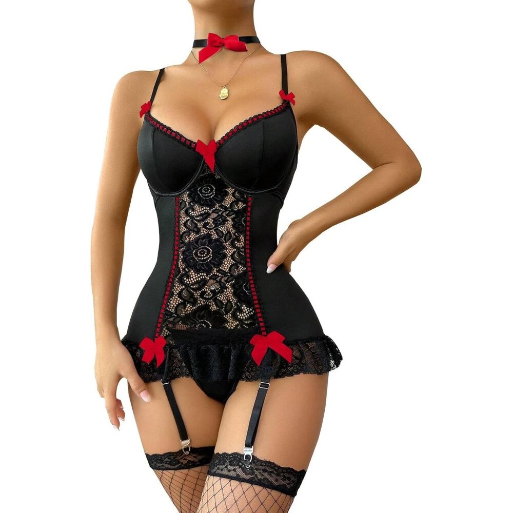 Sexy Floral Lace Garter Belt Babydoll Corset Push Up Black Red #2 Lingerie Set